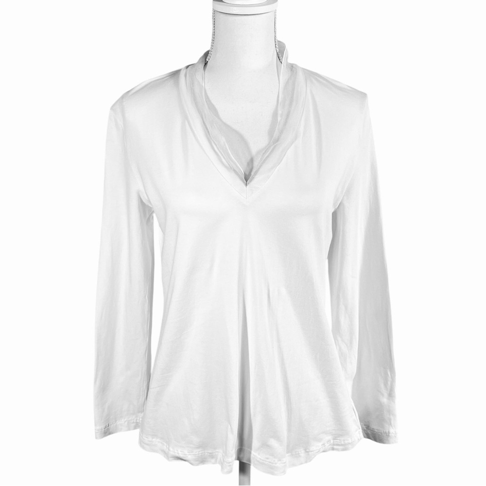 Brunello Cucinelli Long Sleeve Cotton Stretch Top V-Neckline with Monili Trim XL